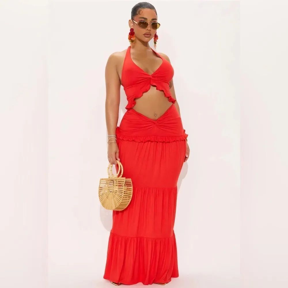 Wanderlust Halter Maxi Skirt Set - Tomato Red
